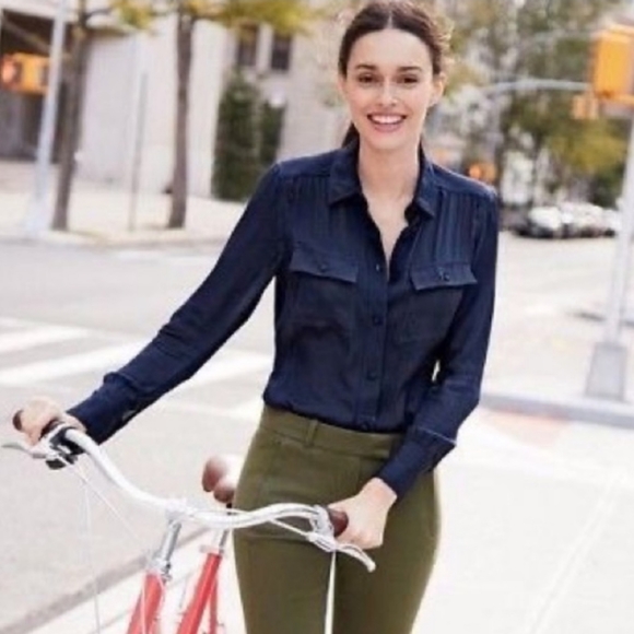 J. Crew Tops - J. Crew Women's 100% Silk Navy Blue Button Down Long Sleeve Blouse Size 6